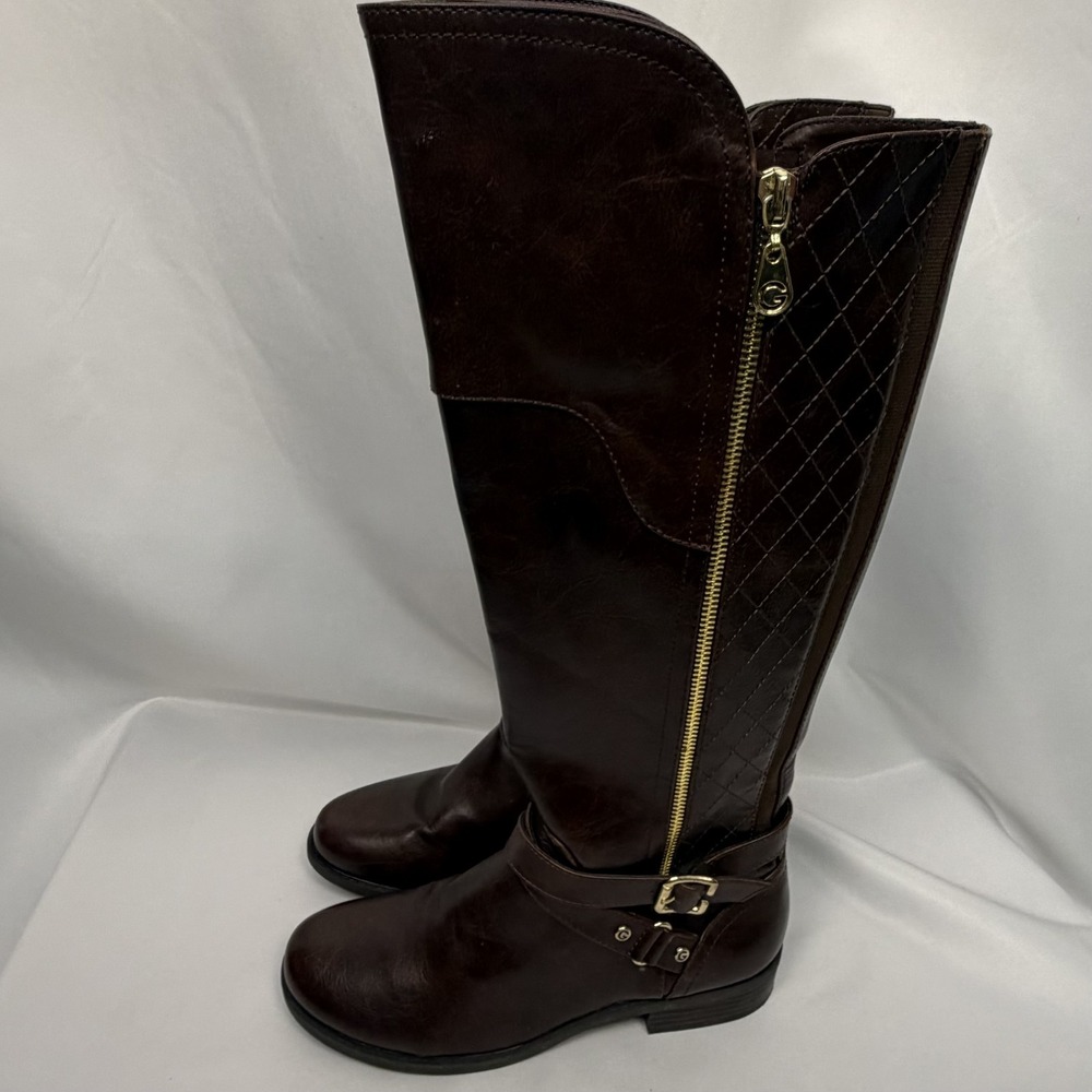GBG Guess Haydin Dark Brown Sz 8 Women's Knee High Riding Boots Gold Buckle